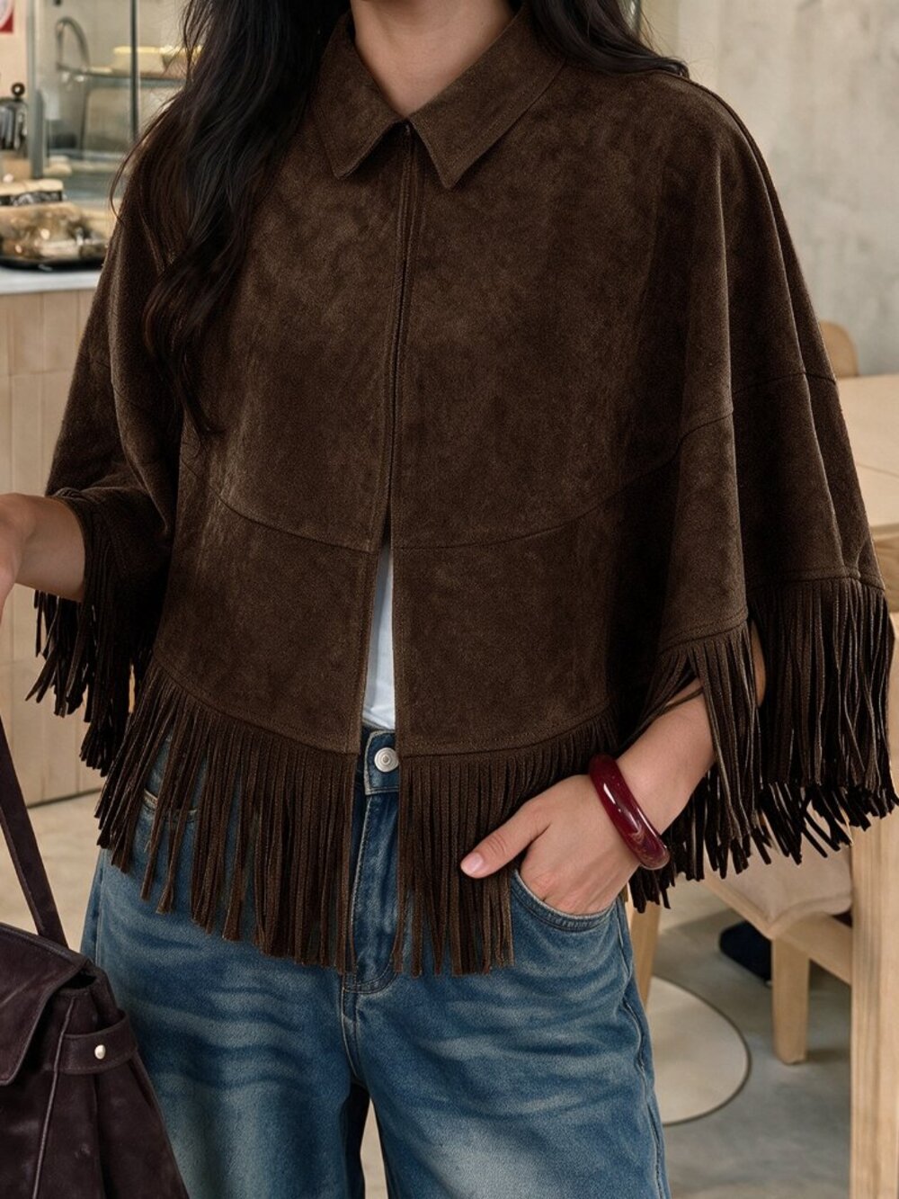 Coffee Brown Casual Women's Fringe Collar Jacket